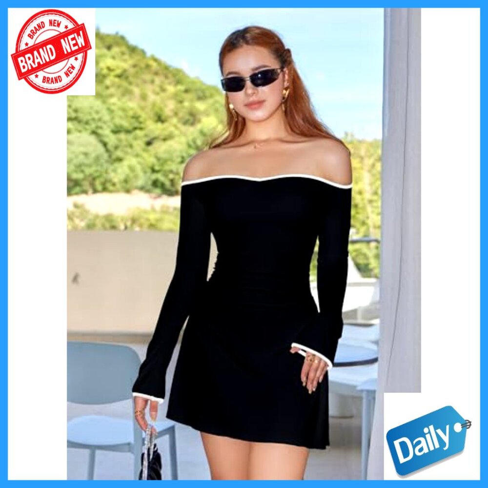 Long Sleeve Off Shoulder Bodycon Mini Dress Ruched Party Cocktail - Picture 2 of 7